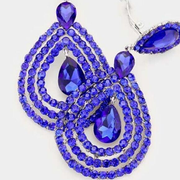 Crystal Pave Trimmed Teardrop Blue Clip On Earrings NWT - Picture 3 of 6